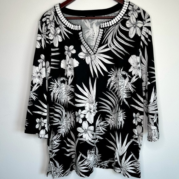 Talbots Modal Blend Black White Tropical Floral Top - Picture 2 of 10